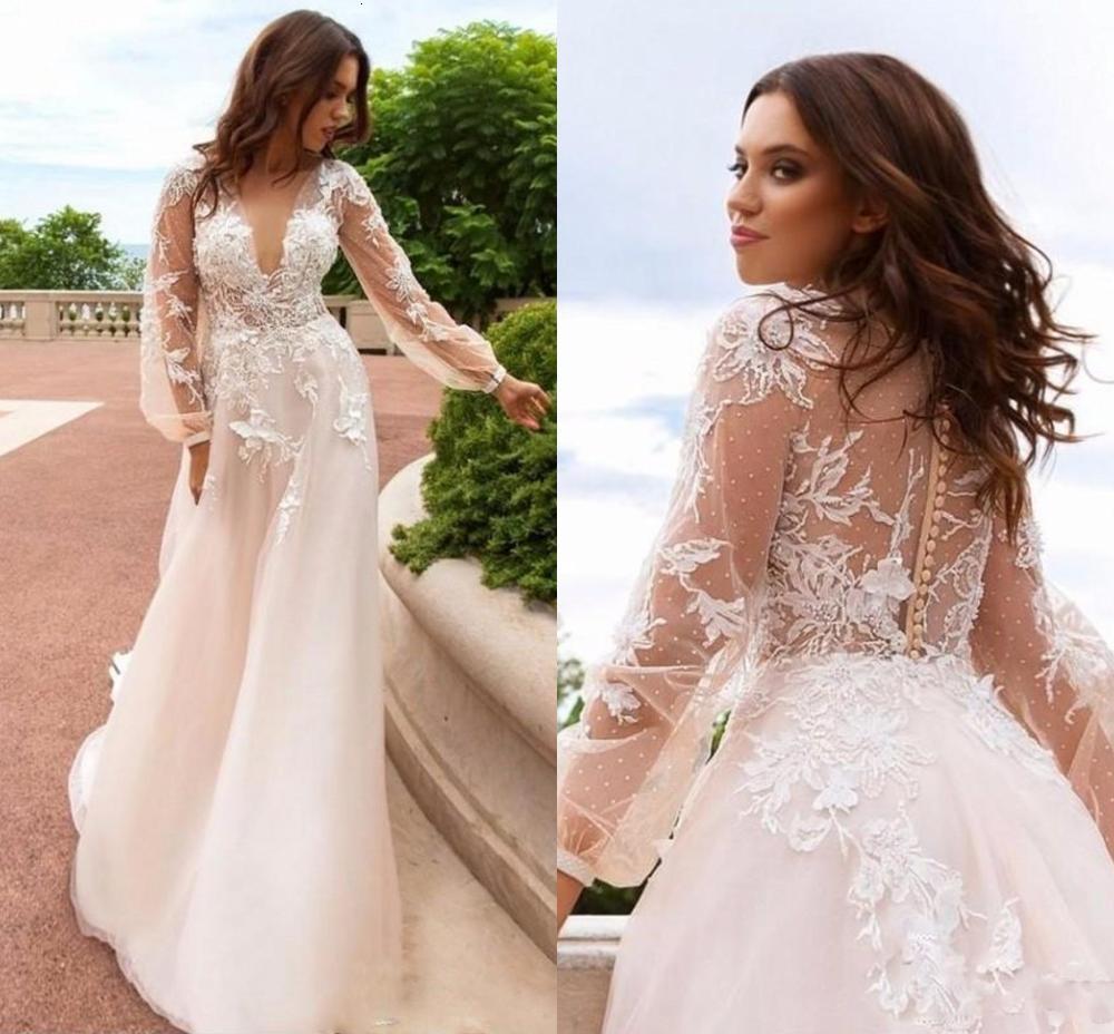 

2021 New Champagne Lace Floral Vintage Beach Es V-neck Long Sleeves Bridal A-line Sexy Boho Wedding Gowns Ypkw