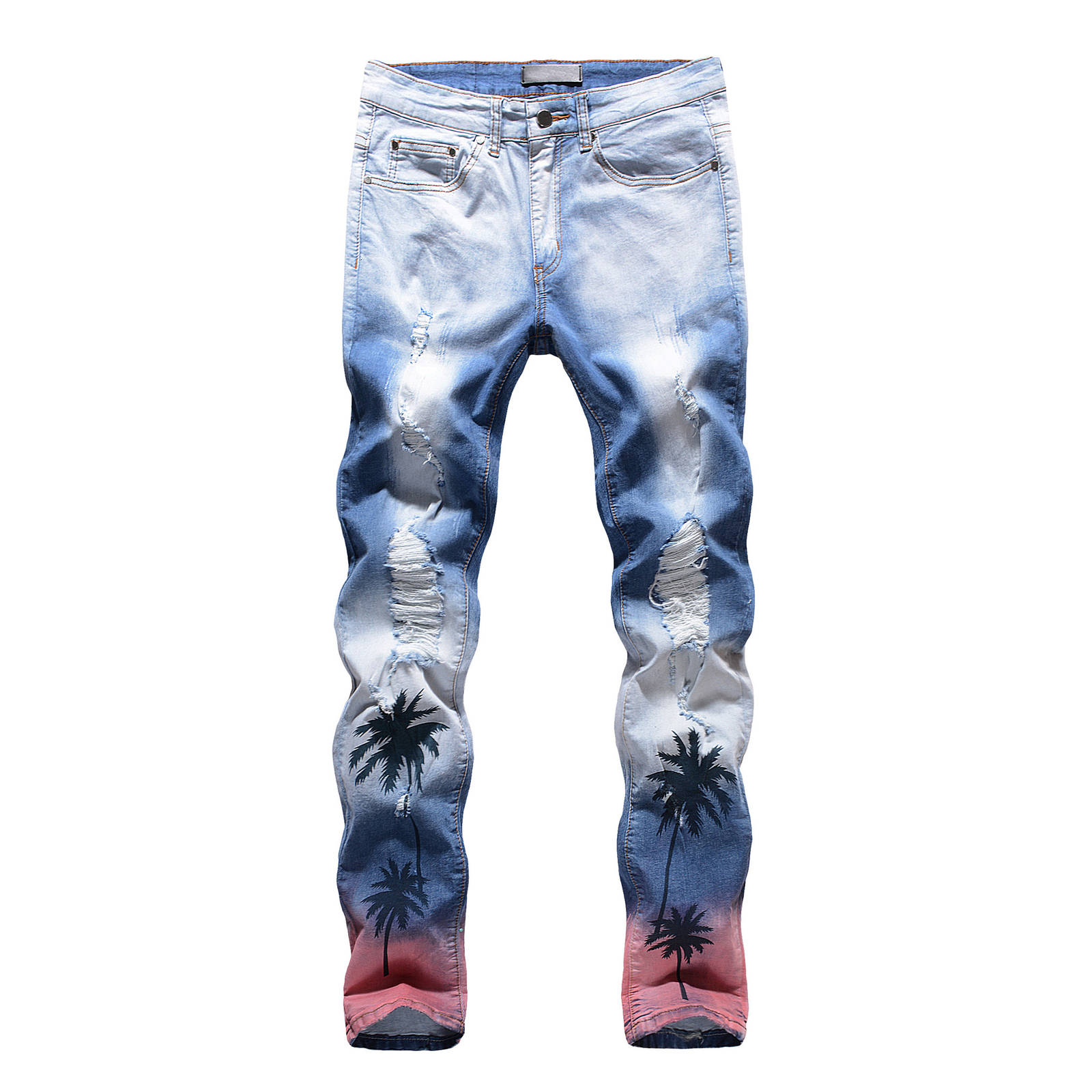 

2021 New Men's Male Fashion Casual Coconut Palm Printed Colored Ripped Jeans Slim Fit Holes Distressed Stretch Denim Pants Trousers Wfvz, Beige