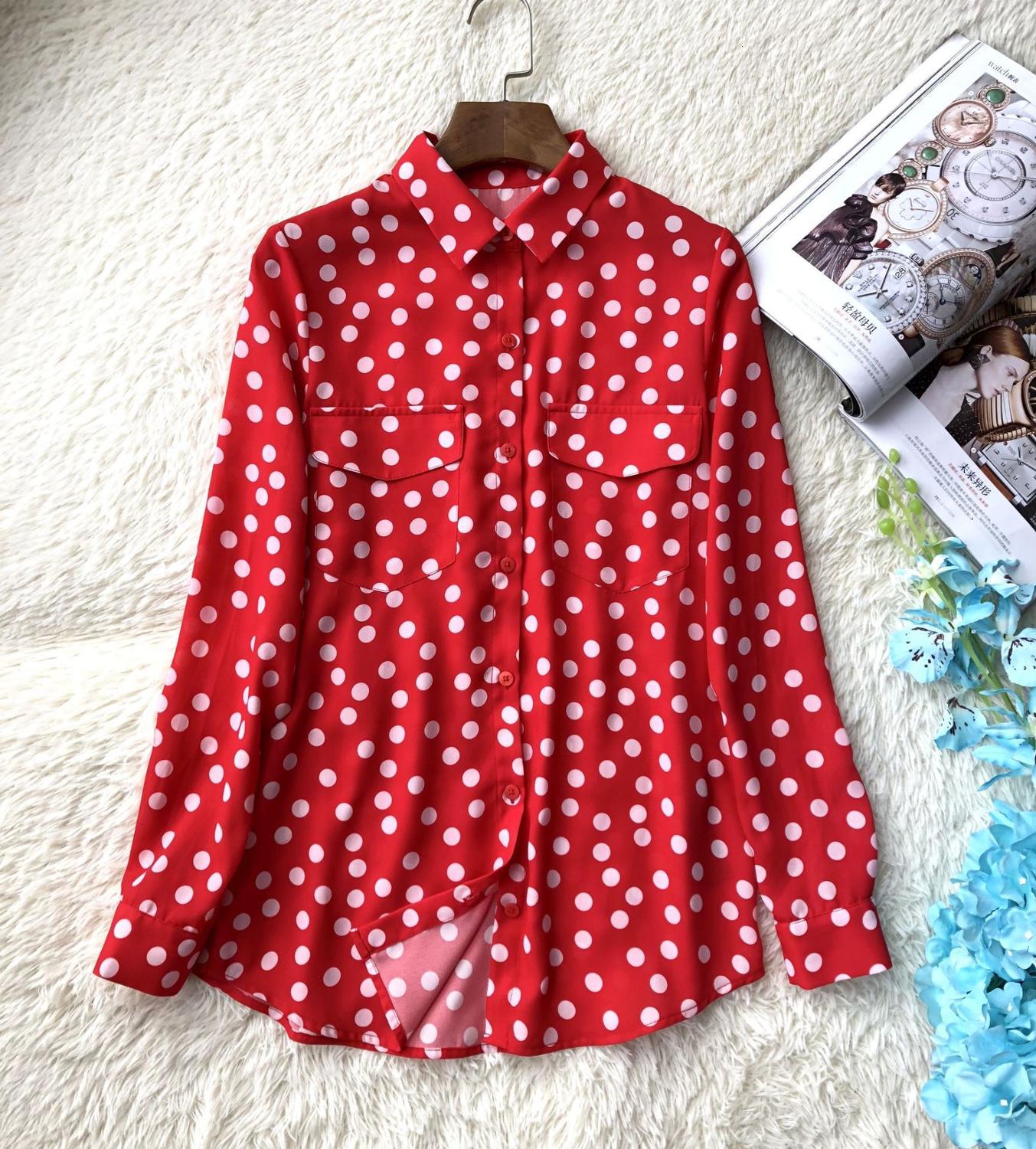 

2021 New Mulheres Polka Dot Vermelho Impresso Camisa Duplo Bolso Manga Comprida Blusa Top Ck7g, Black