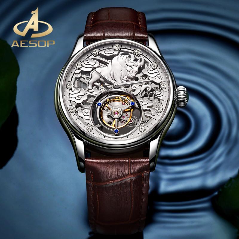 

Wristwatches AESOP Genuine Leather Strap Real Tourbillon Men Mechanical Watch Zodiac Cow Dial Double-sided Sapphire Glass Waterproof, Gold