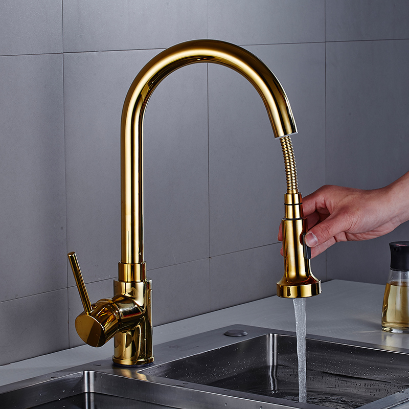 

2021 New Pull Out Gold Sink 360 Degree Faucet Rotation Torneira Cozinha Mixer Kitchen Tap Jif2