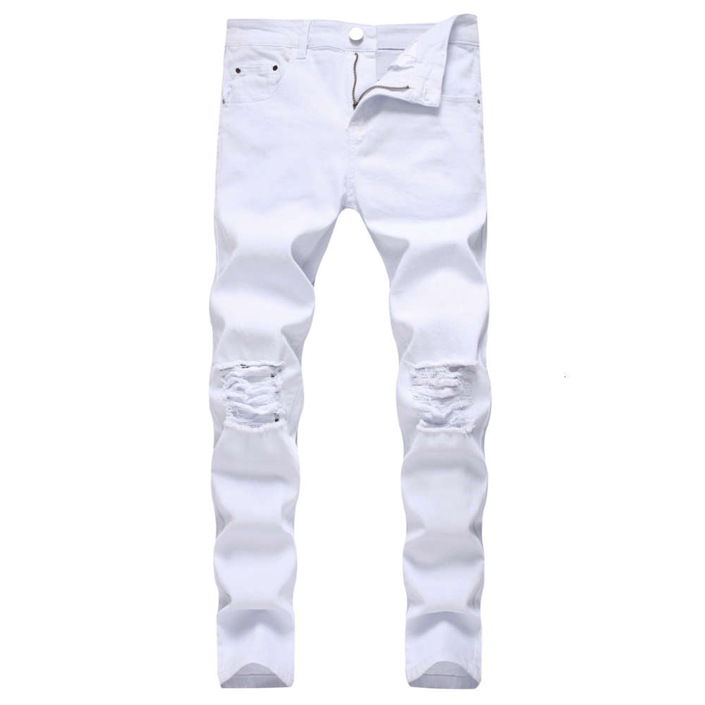 

GODLIKEU White Men's Ripped Tapered Leg Jeans Distressed Knee Holes Slim Fit Denim Pants Jeans Pour Hommes, Blue