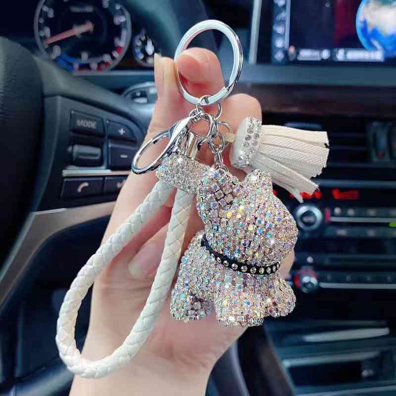 

Keychains Luxury leather key chain, with mens and womens rhinestones, crystal car buckle, French Bulldog, lace up, gifts