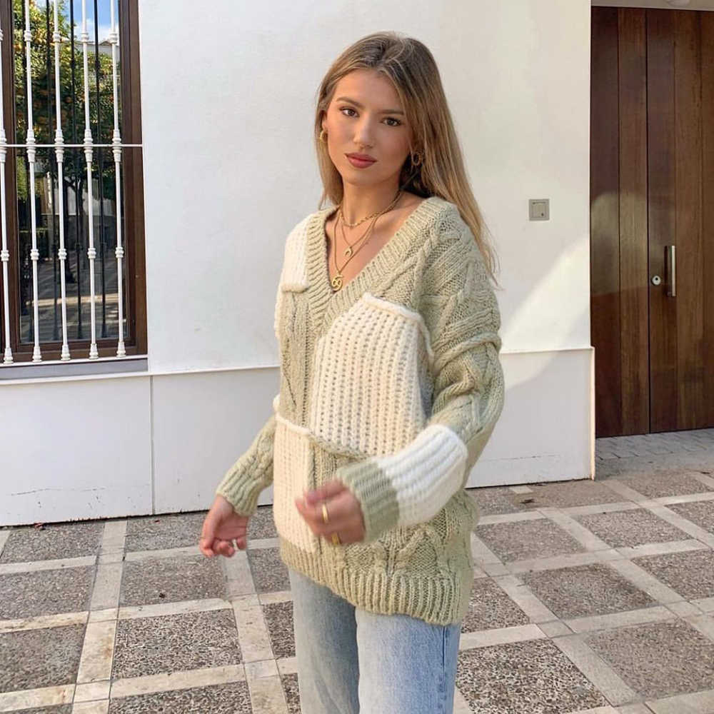 

Fall Winter Women Patchwork Knit Sweater Long Sleeves Oversized Loose Casual Fashion Women Sweaters Pullovers 210709, As picture