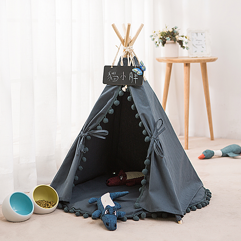

Grey White Canvas PomPoms Pet House tent Pet Dog House Puppy Cat Dog Tee Pee Dog Tipi Pet Teepee