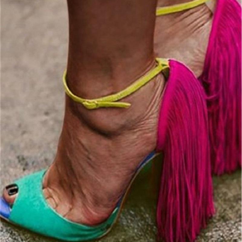 

Summer Women High Heels Sandals Mixed Colors Open Toe Fringe Stiletto Ladies Shoes Sexy Buckle Strap Platform Party Sandals, Black
