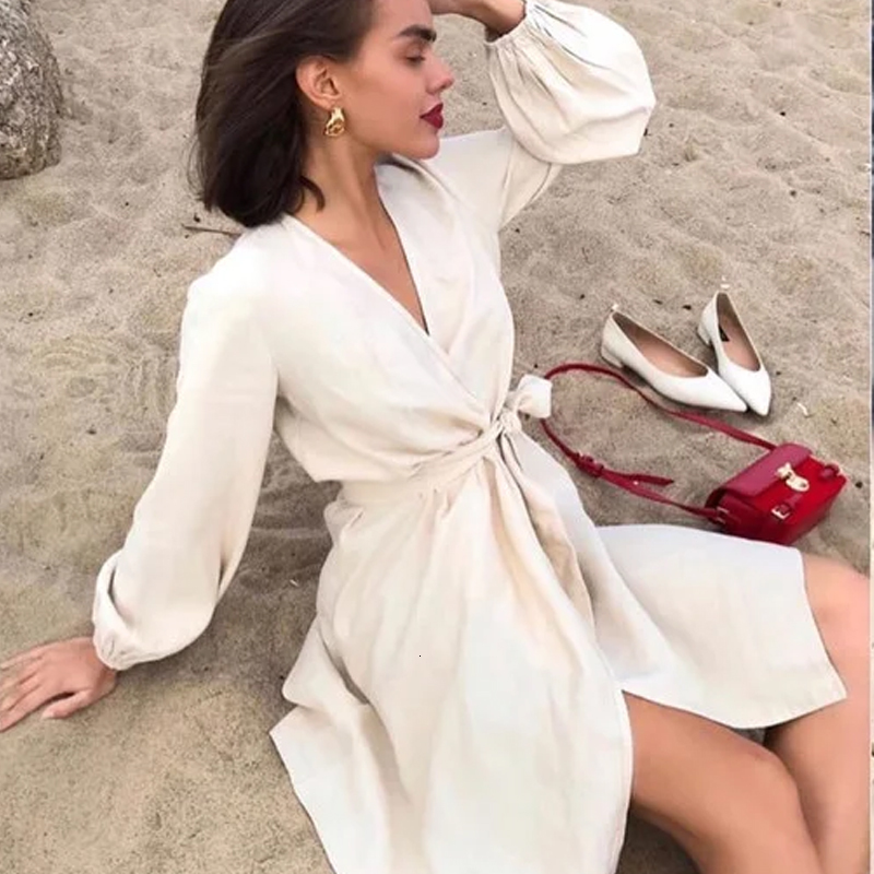 

2021 Women Elegant A-line Sashes Vintage Mini Lantern Sleeve Sexy V-neck Autumn New Bandage Solid Color Party R2ka, As picture