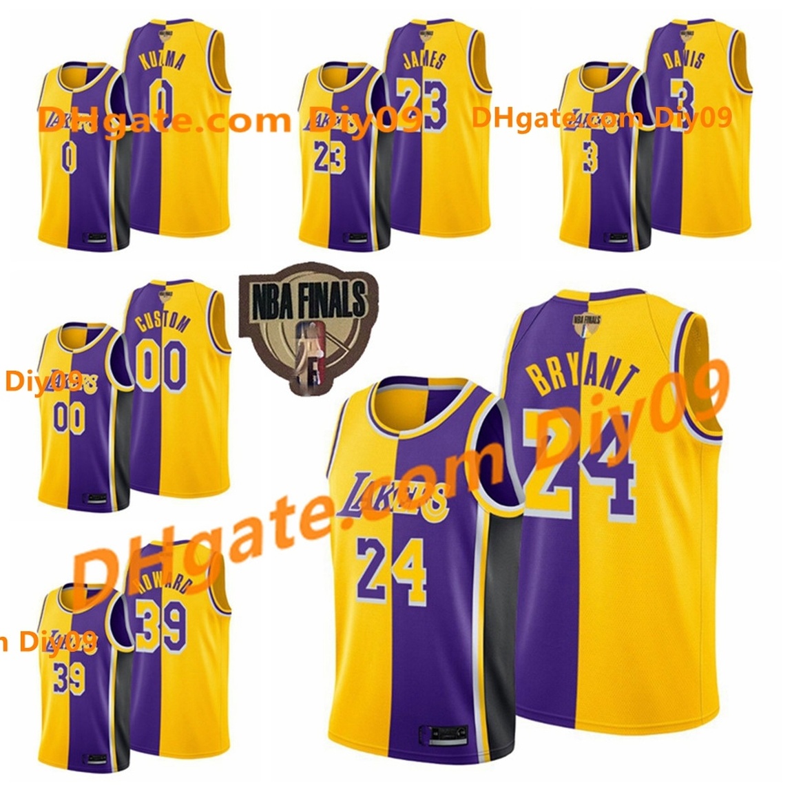 

Finals Custom Los Angeles Lakers Kobe Bryant Lebron James 3 Athony Davis New Dwight Howard Kuzma Split Basketbal Jerseys, Black;red