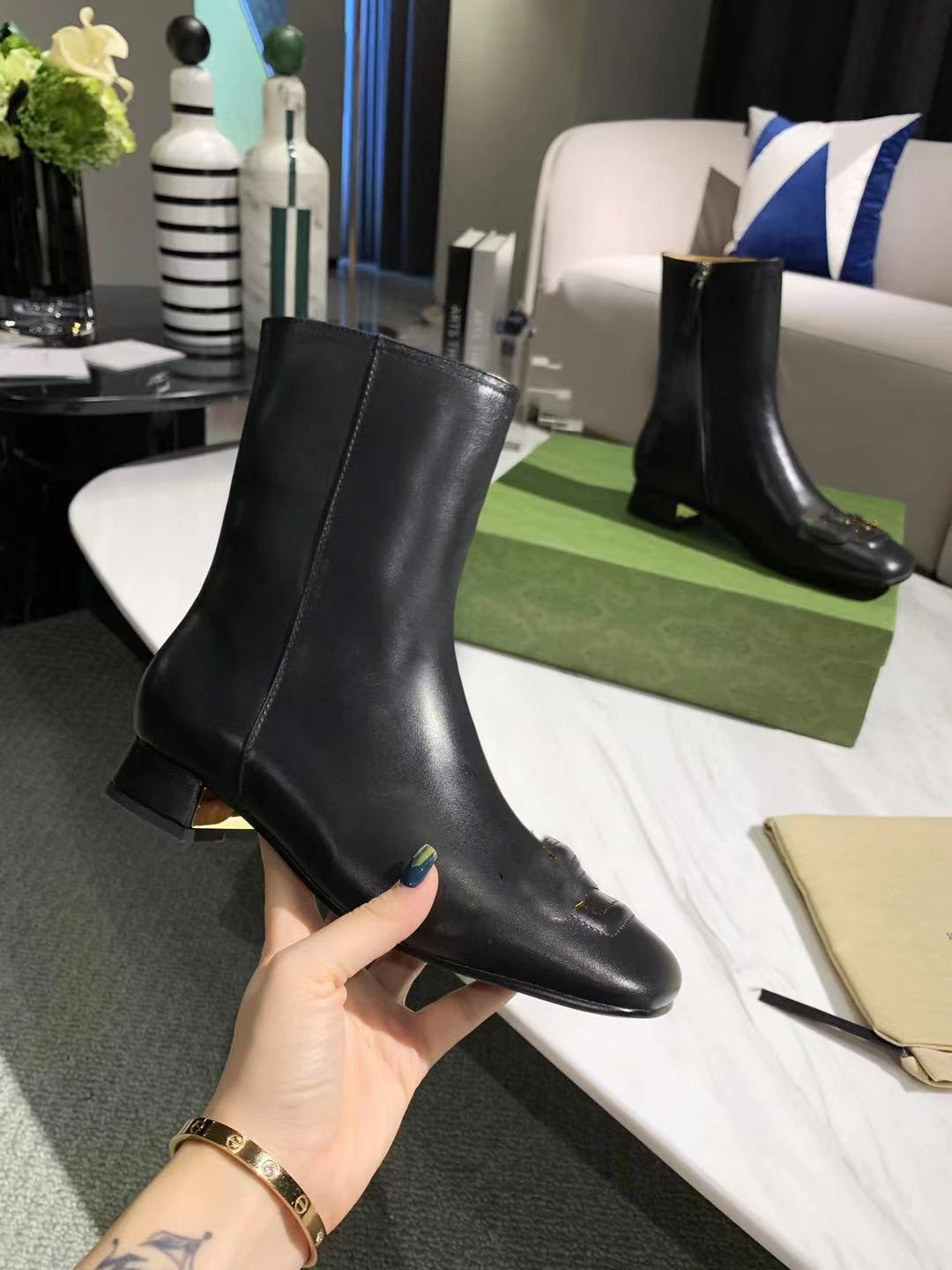 

Designer Boots autumn Women boot leather high heel luxury non-slip winter shoes 5cm, Black