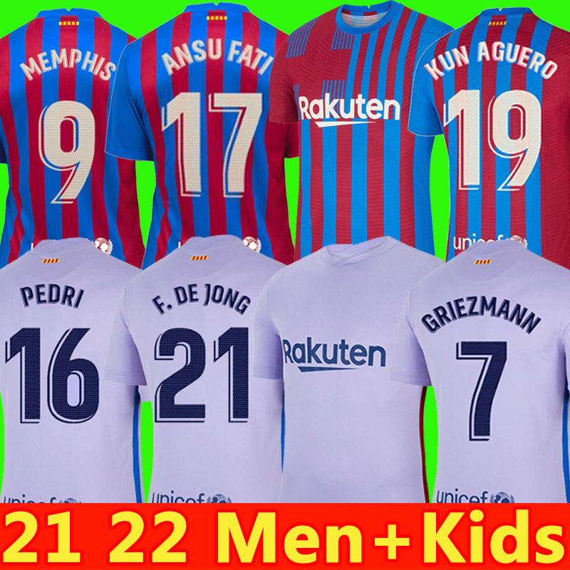 

2021 Barcelona soccer jersey BARCA 21 22 MEMPHIS PEDRI KUN AGUERO FC Camisetas de football shirt 2022 ANSU FATI GRIEZMANN F.DE JONG DEST men + kids kit set socks, 21 22 away