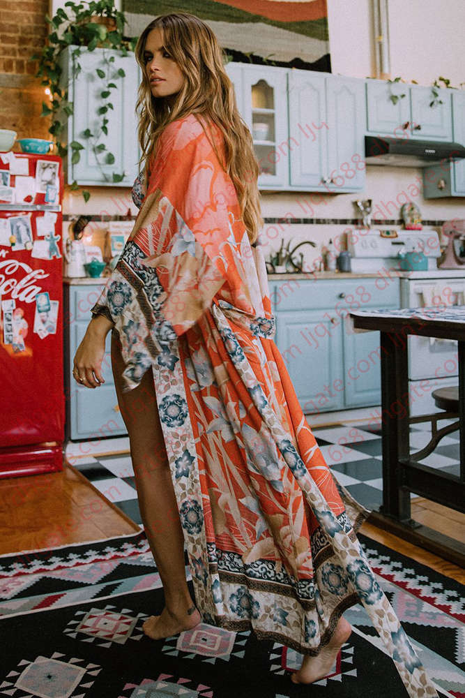 

Women Floral Print Bohemian Long Kimono Cardigan Blouses Sashes Boho Tops Flare Sleeve Casual Beach Holiday Maxi Blouses Shirts Cover-Ups, Color as shown