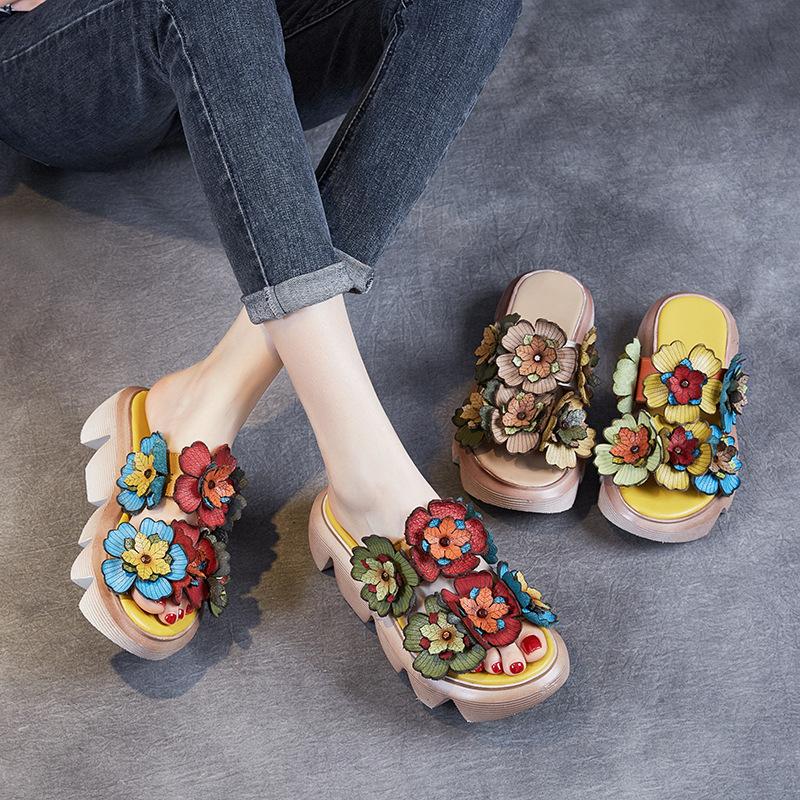 

Slippers Genuine Leather Floral Shoes Women Summer 2021 Outside Slides Wedges Sewing Leisure Ladies, Type 2