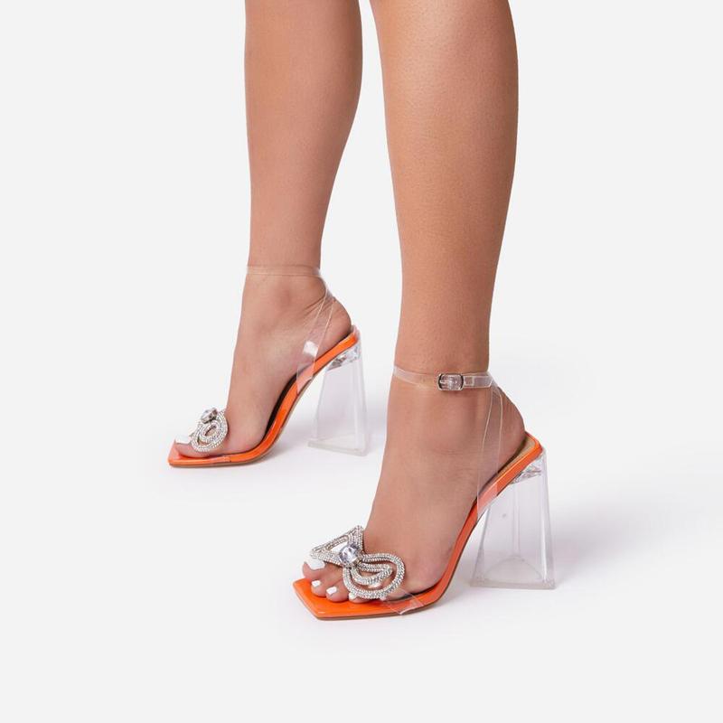 

Dress Shoes 11cm Clear Heels Sexy High Heel Sandals Women 2021 Bow Rhinestone Orange Summer Transparent