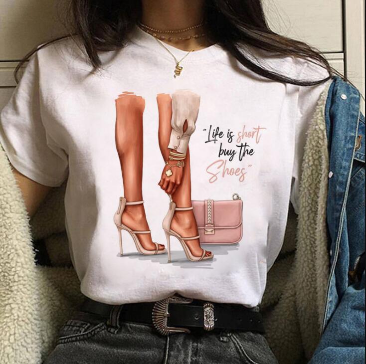 

BEST SHIPPING Fashion Women T Shirt Red High Heels Shoes and Lipstick Print Vogue T Shirt Female Harajuku Tops Tee 90s Ladies Tee Shirts T, White