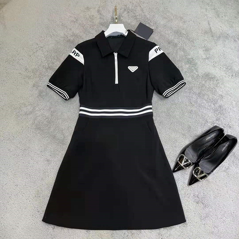 

College Style Slim Dresses Outdoor Double-shoulder Letter Printed Dress Personality Striped Designer Short-sleeved Skirt, Black