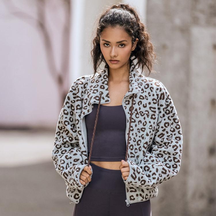 

Women's Jackets Lamb Wool Sports Fashion Leopard Jacket Yoga Wear Long Sleeve Running Fitness Coat Zipper Streetwear Lady Casual, Black;brown
