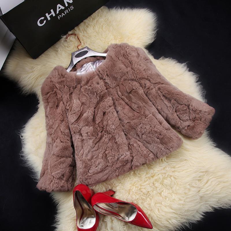 

2021 real short fashion rabbit women's solid three-quarters leather jackets natural thick ladies to-the-neck jacket s57 k34s, Black