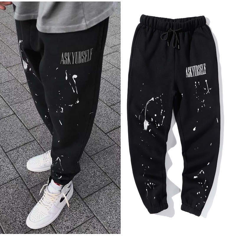 

2021 New Askyurself High Street Painted Jogger Sweatpants Men and Women Baggy Terry Casual Track Pants Oversize Loose Hip Hop Trousers T25n, Black