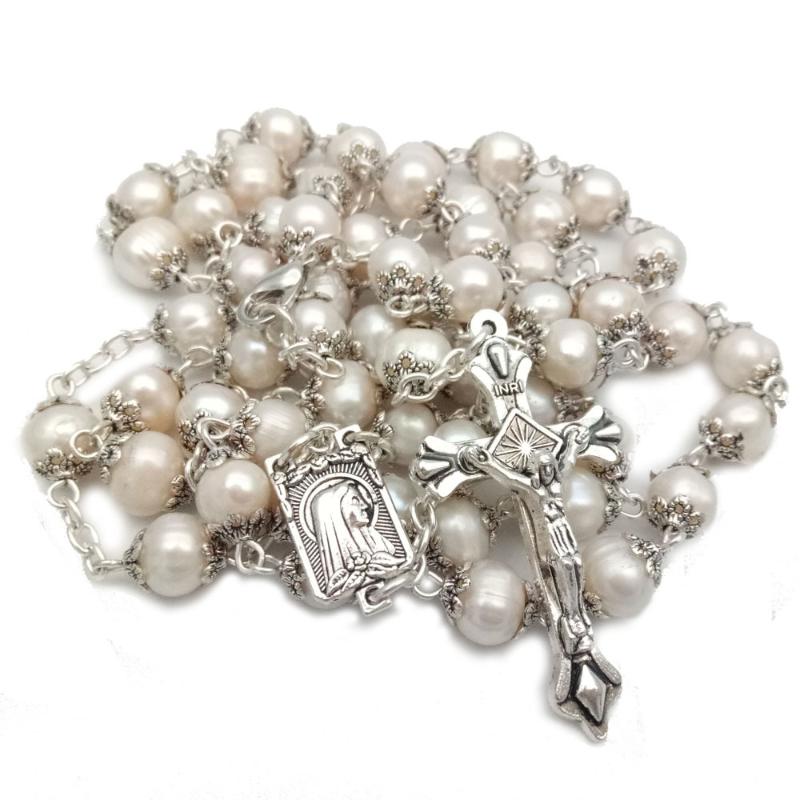 

Pendant Necklaces 8mm Natural Pearl Prayer Beads Religious Catholic Christ Jewelry Gift Resary With Alloy Cross Triangle For Girl