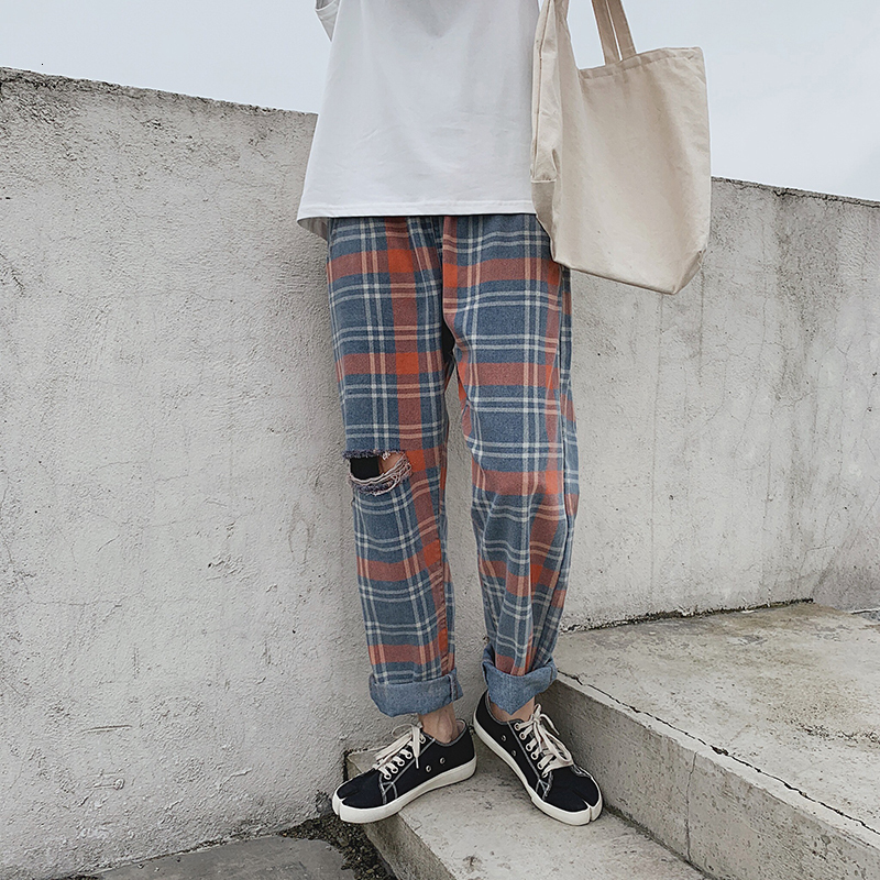 

2021 New Summer Men's Streetwear Cotton Baggy Homme Jeans Lattice Printing Hole Trousers Casual Male Wide Leg Pants Plus Size M-2xl Slew, Flower colour