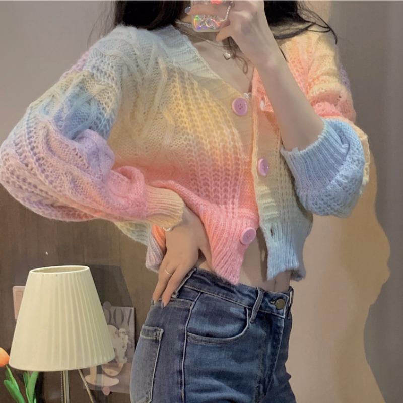 

Women's Knits & Tees Sueters De Mujer Autumn Retro Wild Gradient V Neck Rainbow Knitted Sweater Tie Dye Twist Cardigan Crop Jacket Pull Fash, White