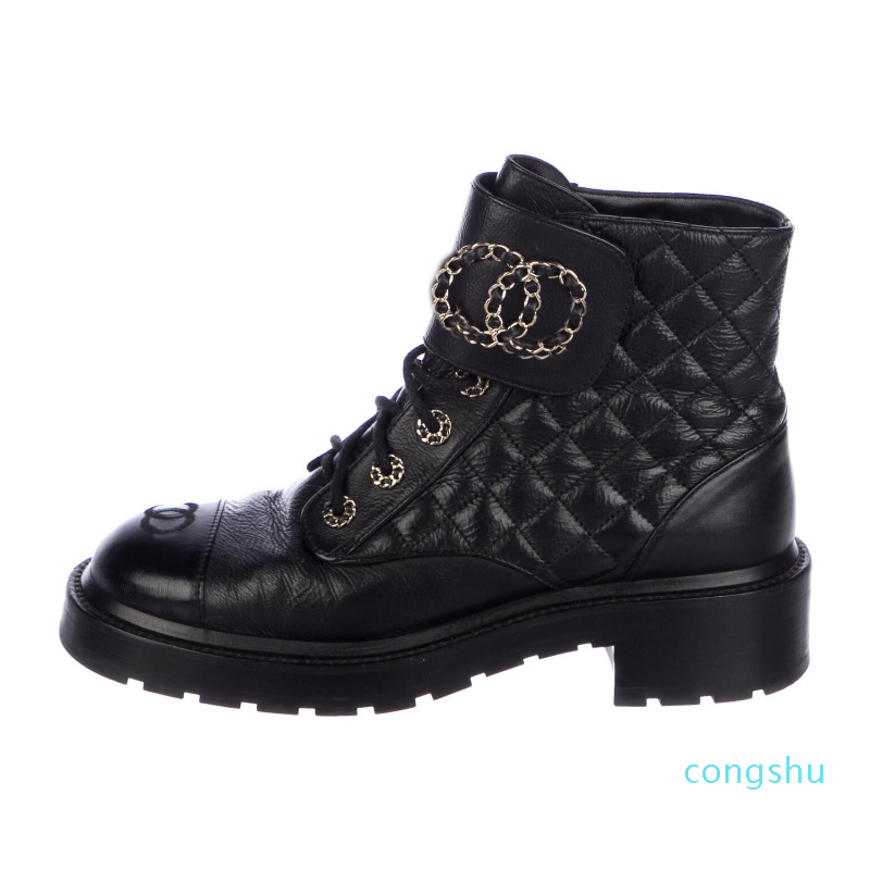 Bottes de plateforme chunky noire robustes Bottes en cuir Chaussures de lacets de lacets Combat Chaînes de démarrage Boucle à talons Buel Martin