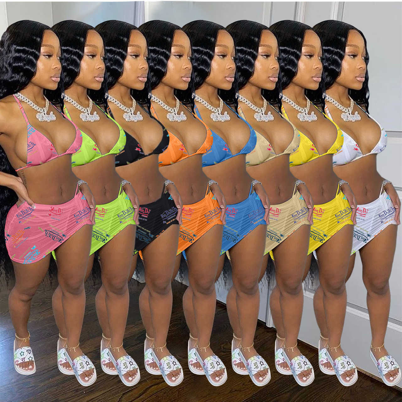 

2022 Summer Women Tracksuits Fashion Sexy Letter Bikini V Neck Swimsuit Sling Short Skirt Three-piece Sets Halter Dress Suit 8 Colors, Orange
