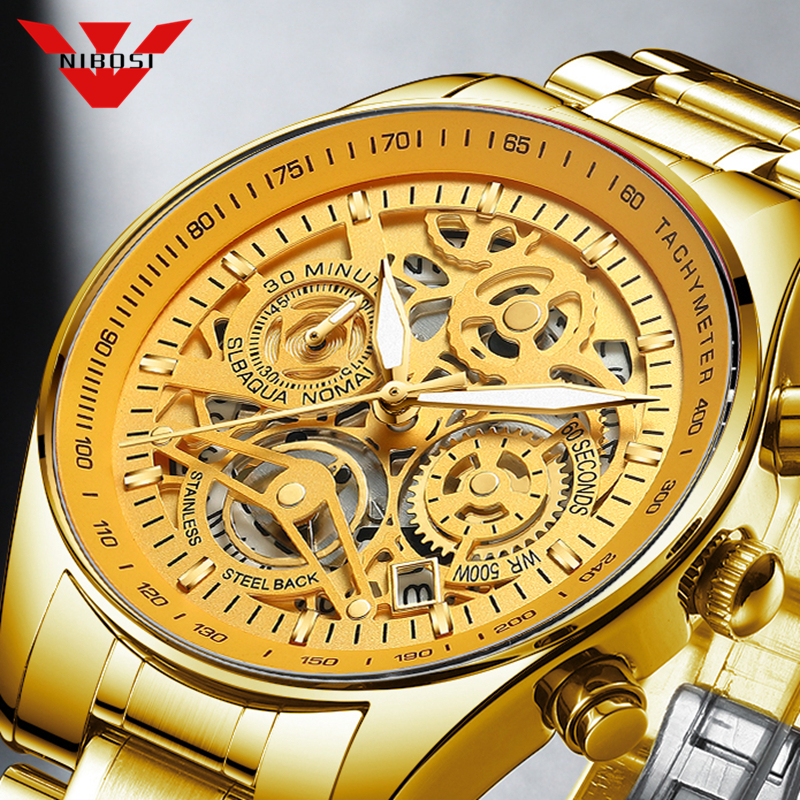 

NIBOSI Mens Watches Luxury Brand Fashion Gold Skeleton Quartz Watch Men Sport Wristwatch Waterproof Clock Male Relogio Masculinog