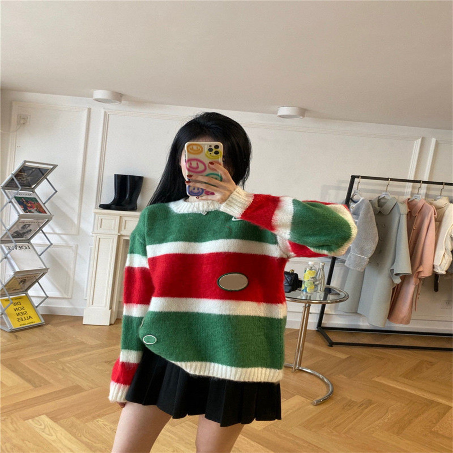 

Loose Sweater Woolen Knitted Long Thickened Pullovers Jacket Fall LadyWool With Letter Sleeved Knit Shirt Fashion Clothes Languid Stripe Style, Green