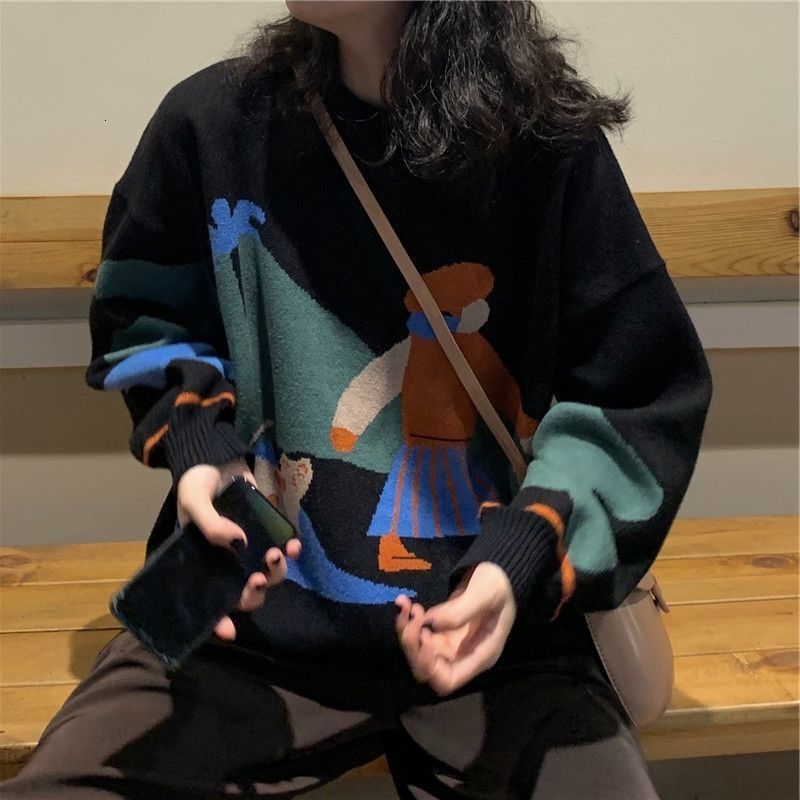 

women's sweaters sweater autumn winter korean fashion printed pullover coats long-sleeve warm cartoon knitted ladies wool sweaters, White;black