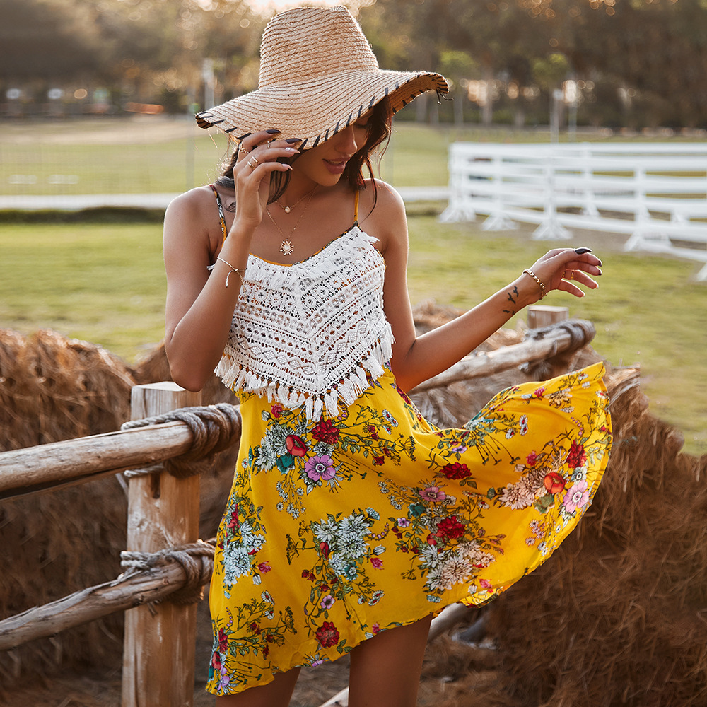 

Fashion Floral Printed Suspender 2021 Summer New Bohemian Holiday Style Sexy Backless Lace-up Patchwork A-line Women Of74, Pink