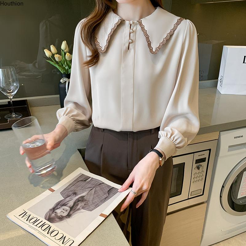 

Women's Blouses & Shirts Summer Lapel Shirt Long Sleeve Tops Stitching Blouse Pure Color Chiffon Casual Fashion Lady Loose, White