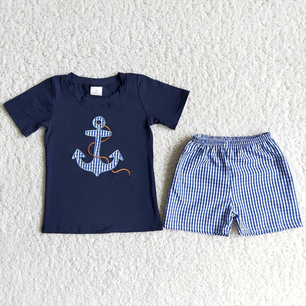 

Wholesale Kids Boutique Summer Outfit Baby Boy Embroidery T Shirt Match Seersucker Shorts 2pieces Set With Plaid, White