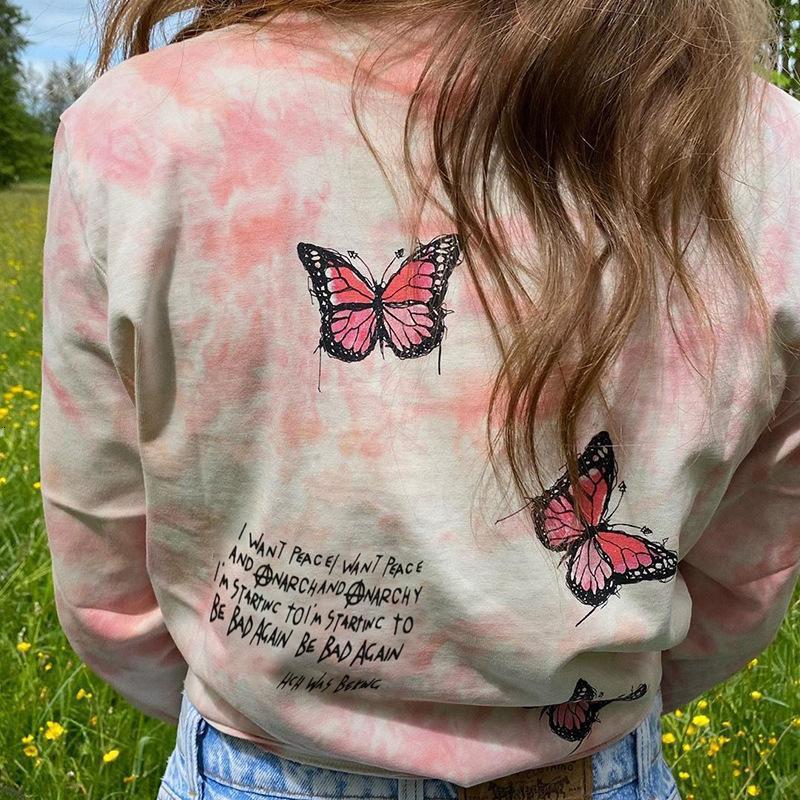 

2021 Pink Butterfly Letters Print Crewneck Thin Sweatshirt Women Tops Long Sleeve Casual Loose New Streetwear Plus Size Fashion Girls Zji9