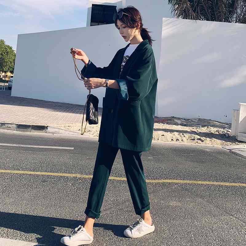 

Set female fashion women's suit Korean version of the large size loose jacket nine points wide leg pants two-piece 210527