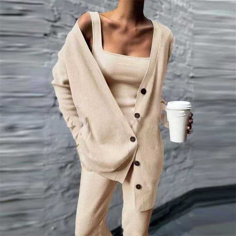 

Autumn Winter Casual Knitted Three Piece Set Women Tank Tops & Wide Leg Long Pants Cardigan Coat Suit Loose Solid Outfit 211109, 01 apricot