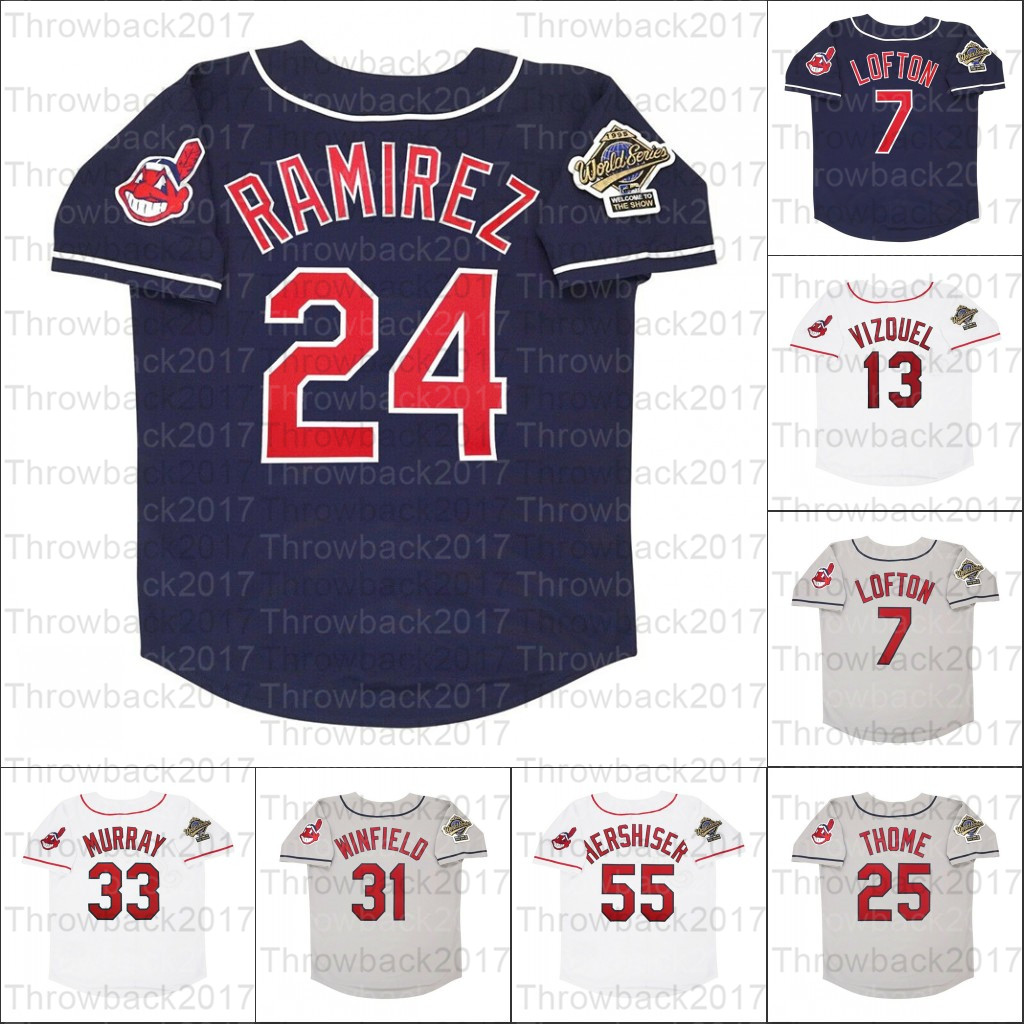 

Retro Baseball jersey 1995 jerseys 25 Jim Thome 13 Omar Vizquel 7 Kenny Lofton 24 Manny Ramirez 8 Albert Belle 15 Sandy Alomar 55 Hershiser, Men/grey