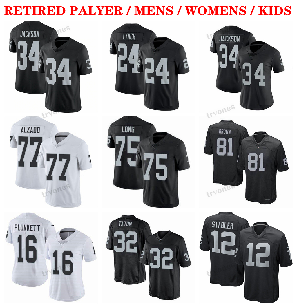 

Mens 34 Bo Jackson 12 Stabler 75 Howie Long 77 Alzado Football Jerseys 81 Tim Brown 24 Woodson 32 Jack Tatum Marcus Allen 16 Plunkett 22 Haynes Blanda 8 Ray Guy Jersey, Kids s-xl