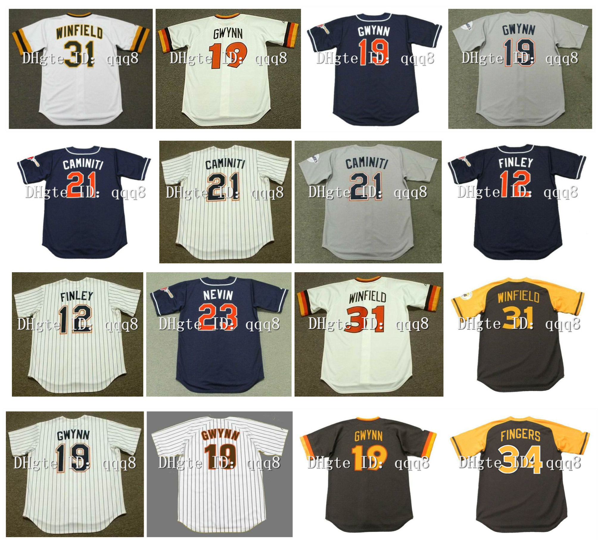 

Vintage 1997 21 KEN CAMINIT 19 TONY GWYNN 12 STEVE FINLEY 23 PHIL NEVIN 31 DAVE WINFIELD 34 ROLLIE FINGERS Blue White Vintage Baseball Jerseys, As pic