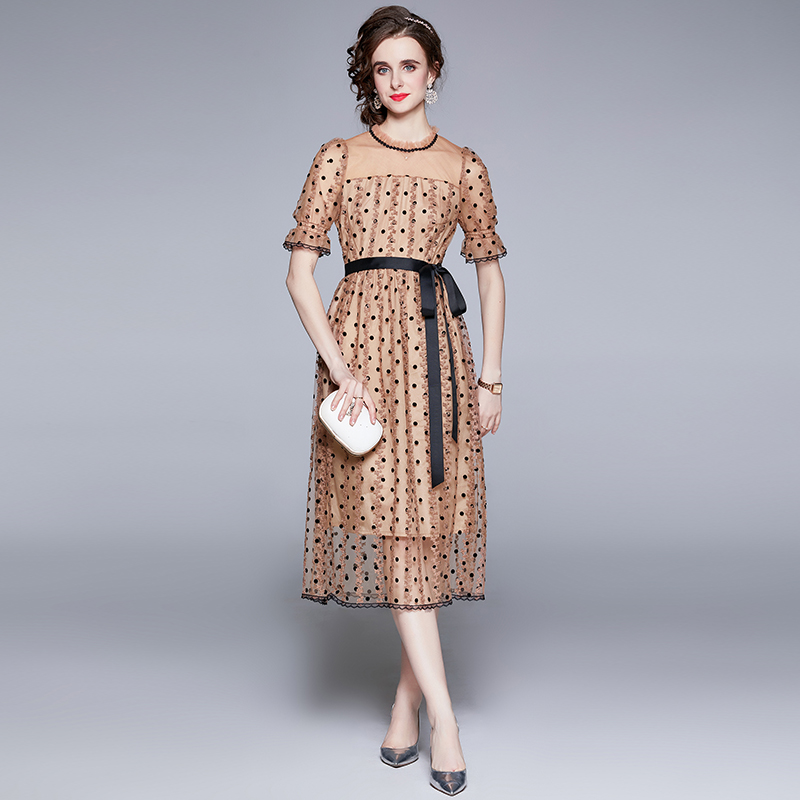 

Luxury Designer Polka Dot Mesh Midi Dress 2021 Women Vintage Elegant Short Sleeve O-Neck Casual Office Slim A-Line Dresses Summer Autumn Pro, Black;gray