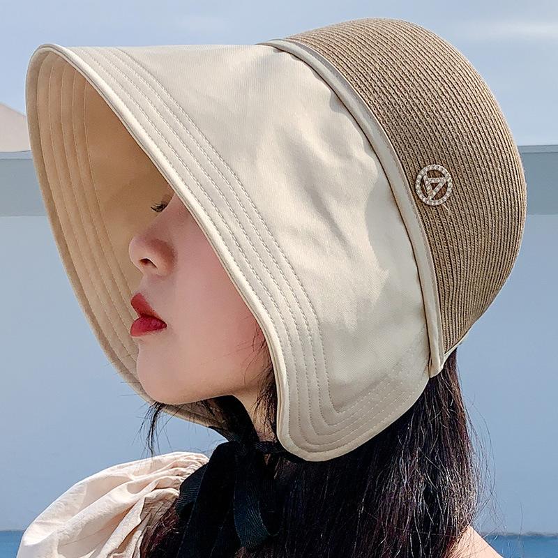 

Wide Brim Hats Women Sunscreen Bandage Big Fisherman Viros Hat Summer Shade Cap Outdoor Travel Panama Sunhat Patchwork Bucket 2021, Black