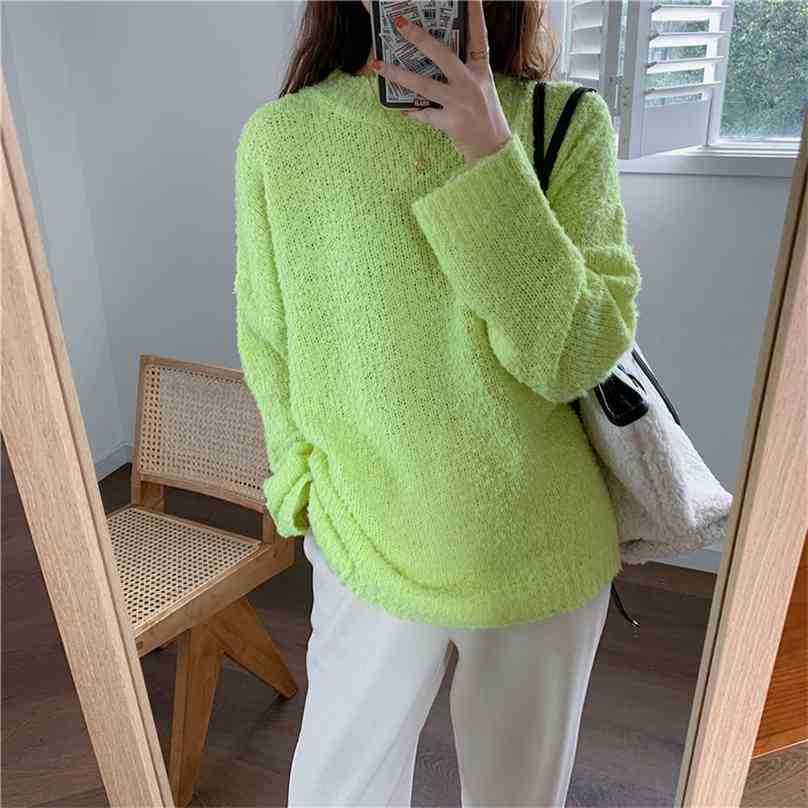 

Women Knitwear Solid O-Neck Knitted Sweater Pullovers Streetwear Lazy Style Fashion Casual Loose Tops 210525, Yellow