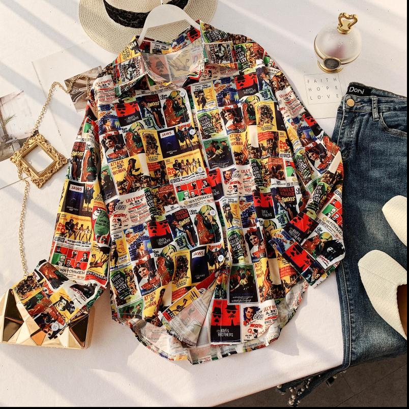 

womens retro printing loose slim street print casual shirts lady long sleeve korean fashion clothing blusas mujer de moda j129, White