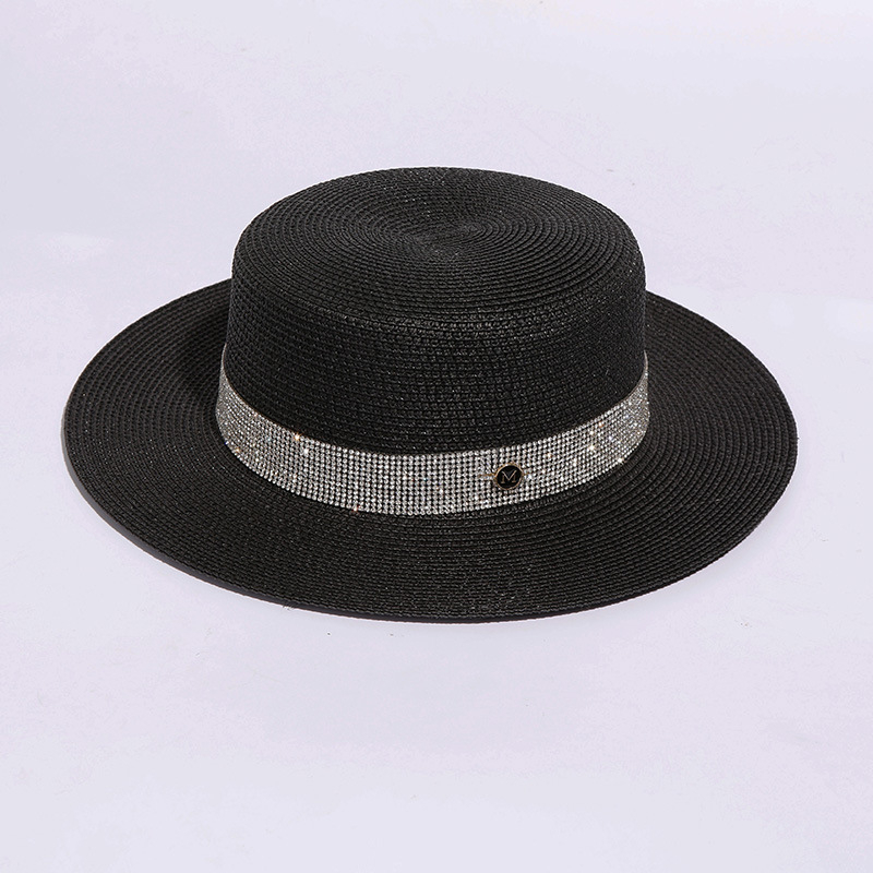 

Concise Rhinestone Straw Hat Womens Flat Brimmed Beach Travel Hats Ins Hot Wild Sun Caps Delicate Gift, Khaki