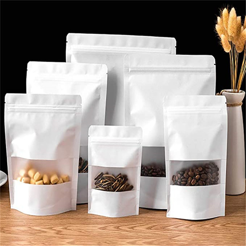 

Kraft Paper Bags White Zipper Bag Stand Up Food Storage Pouches Resealable Packaging with Matte Window Packing Bag
