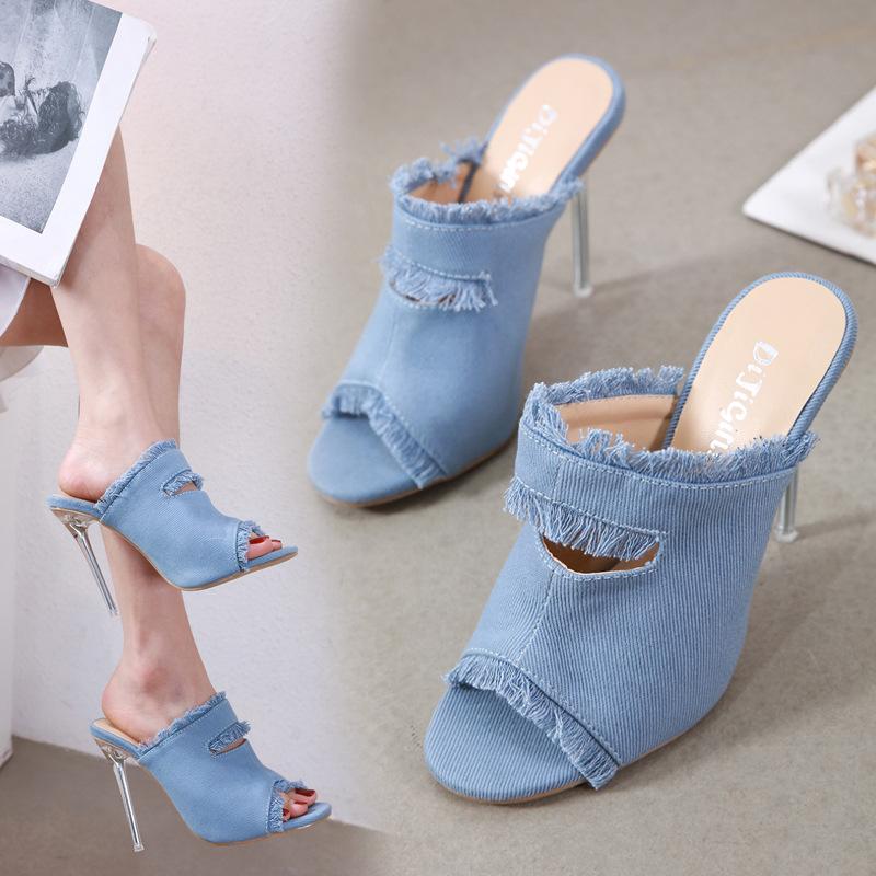 

High-Heeled Shoes Lady Glitter Slides Slippers Casual Slipers Women Jelly Denim Luxury 2021 Thin Fabric Scandals PU Rome Fashion