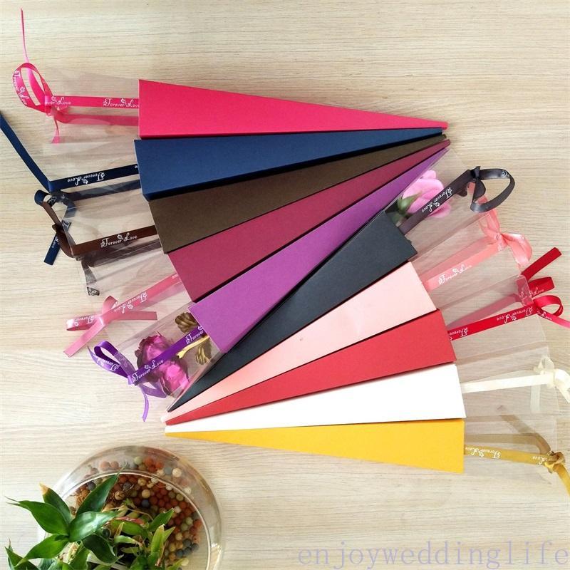 

Single Rose Box Valentines Day Gift Wrapping Silk Ribbon Cone Carton Transparent Paper Case Wedding Decor