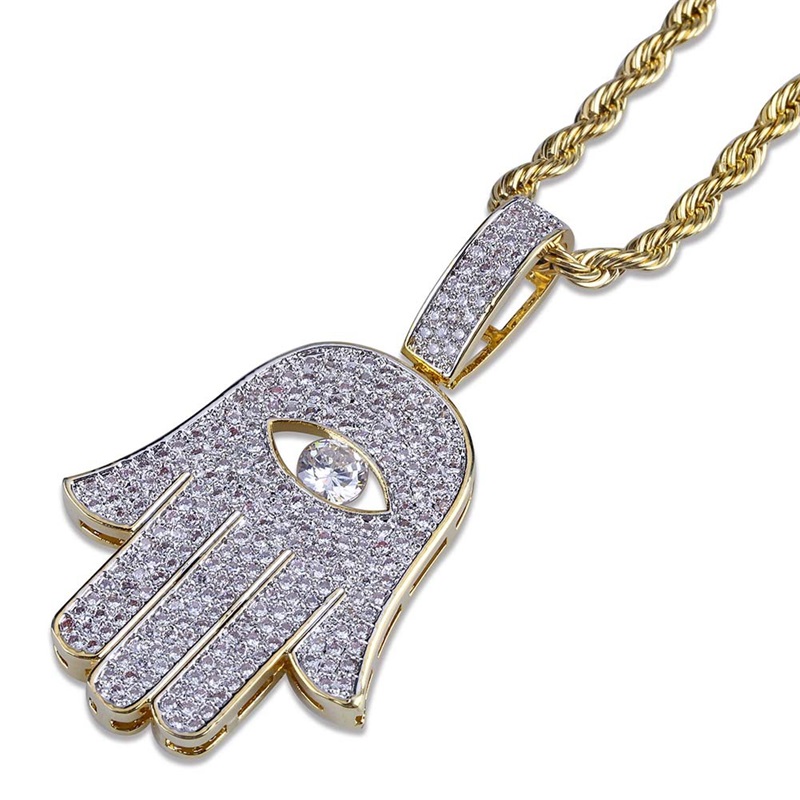 

Hip Hop Micro-inlaid Zircon Pierced Eye Fatima Hand Pendant Necklace Gold Chain Men Women Jewelry Gifts 102 U2