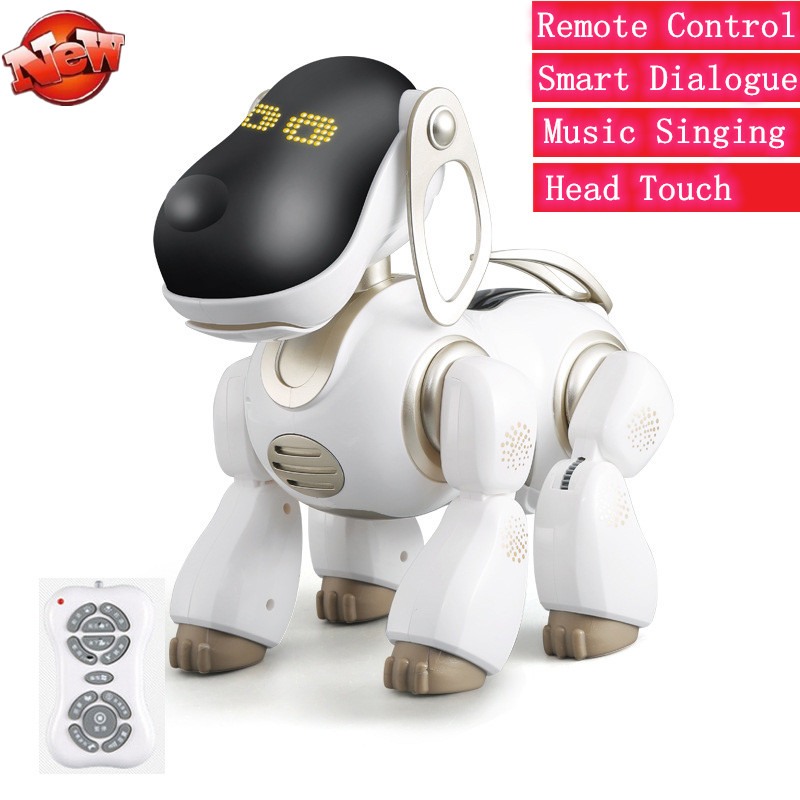 

Intelligent Dialogue Robot dog Playing With Child Remote Control RC Dog speaking talking singing music playing LED expression, White