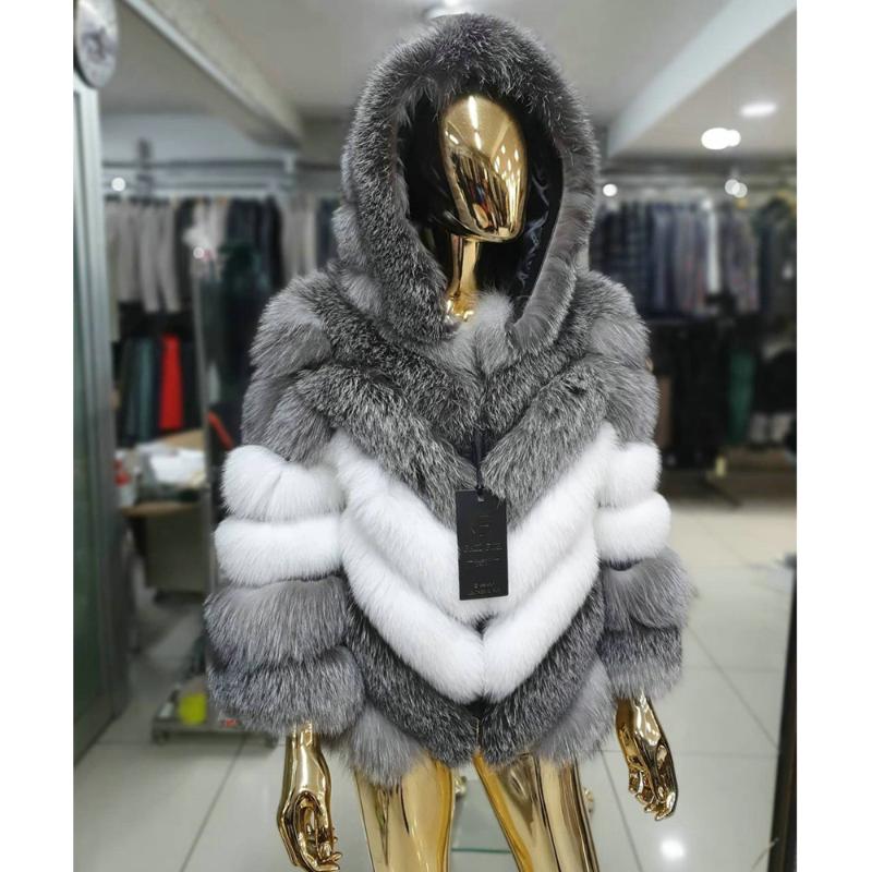 

Women's Fur & Faux Women Fashion Real Silver Coat With Hood Thick Warm Winter Woman Overcoat Trendy Genuine Jacket Mid-length, Black
